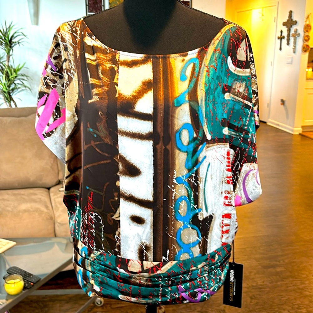NWT: Gabrielle Union Collection - Grafitti Print Blouse, Open Back w/ Tie